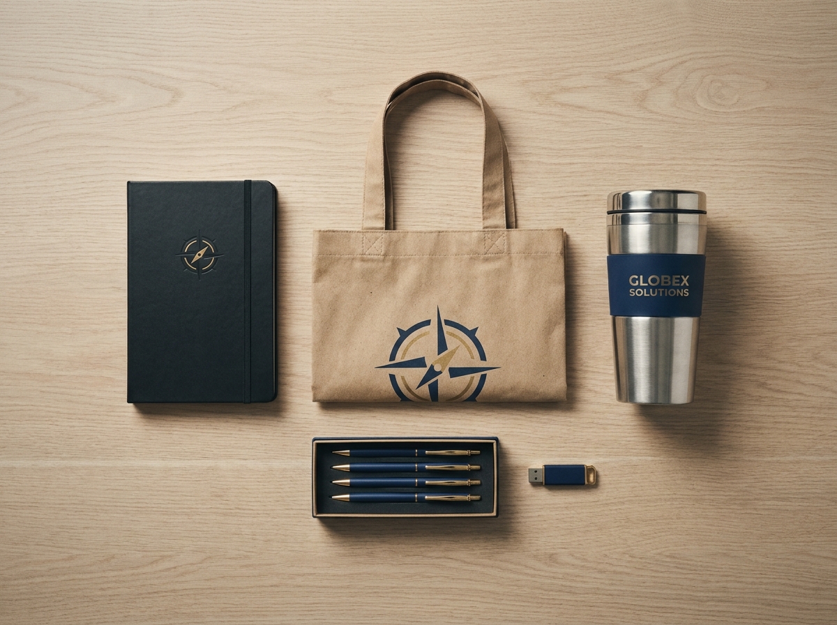 Flat lay de goodies d'entreprise branded : carnet, tote bag, mug isotherme, stylos et clé USB aux couleurs corporate bleu et or