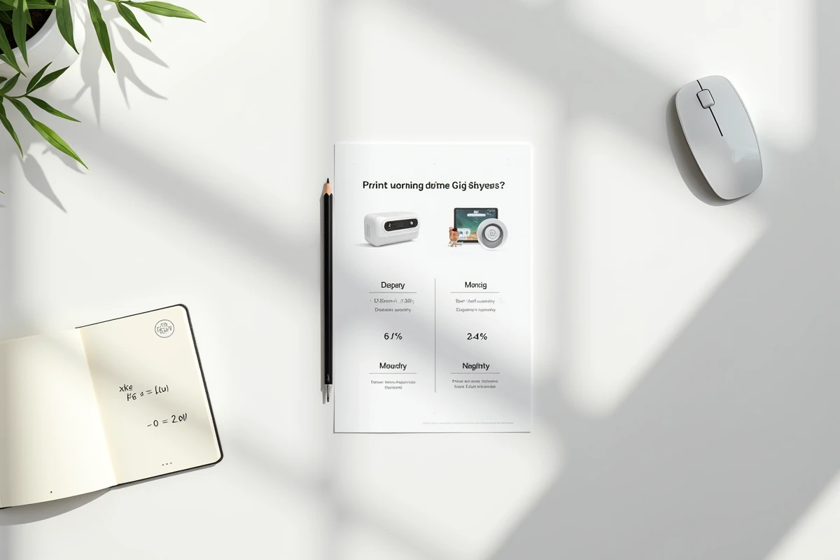 Vue aérienne d'un bureau minimaliste avec une infographie imprimée sur la conversion Go Mo et des notes manuscrites
