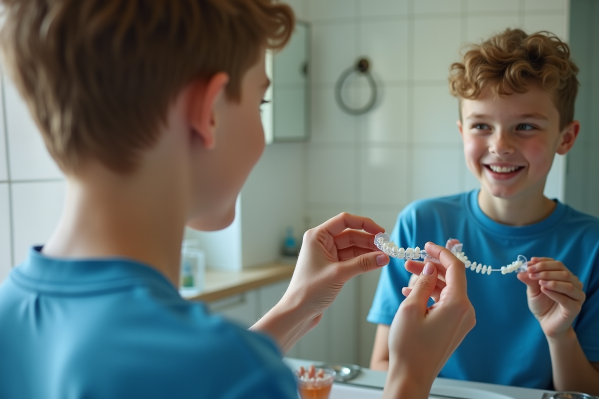 Adolescent souriant inspectant son appareil dentaire dans le miroir