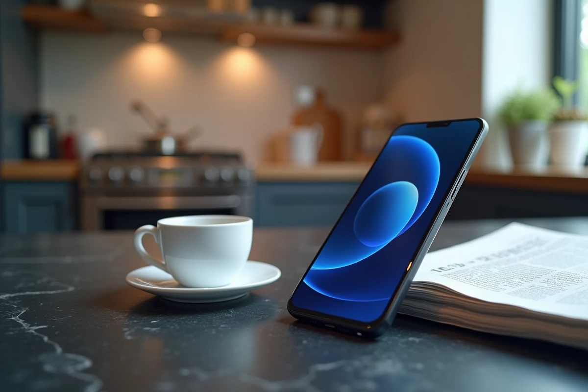 Smartphone Google Pixel 8 Pro posé sur une surface en ardoise avec écran IA actif et tasse à espresso