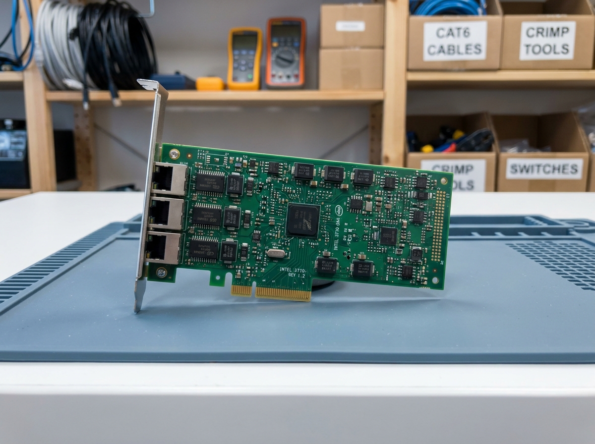 Gros plan d'une carte réseau multiport à quatre ports RJ45 posée sur un tapis antistatique dans un atelier informatique