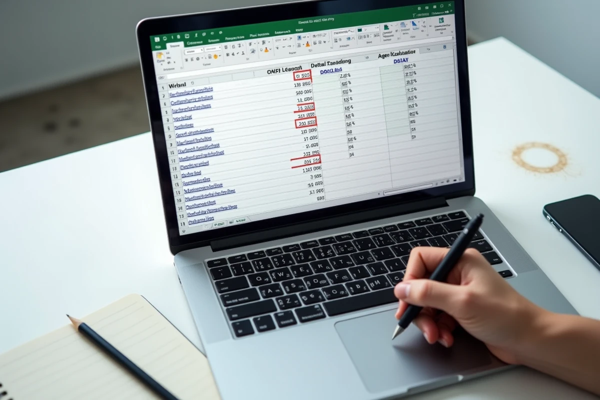 Gros plan d'un écran Excel montrant des erreurs de calcul d'âge en rouge et les corrections en vert avec une main tenant un stylo