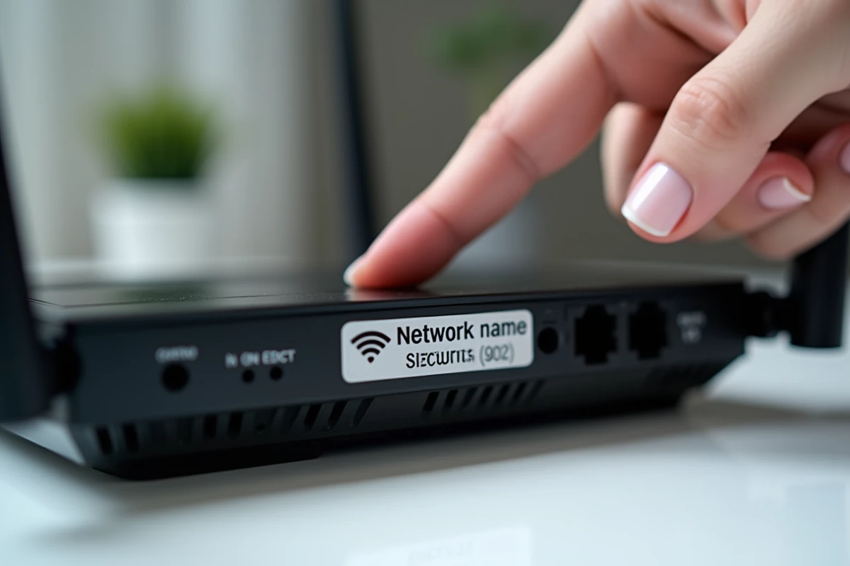 Gros plan sur l'étiquette d'une box internet montrant la clé de sécurité réseau Wi-Fi