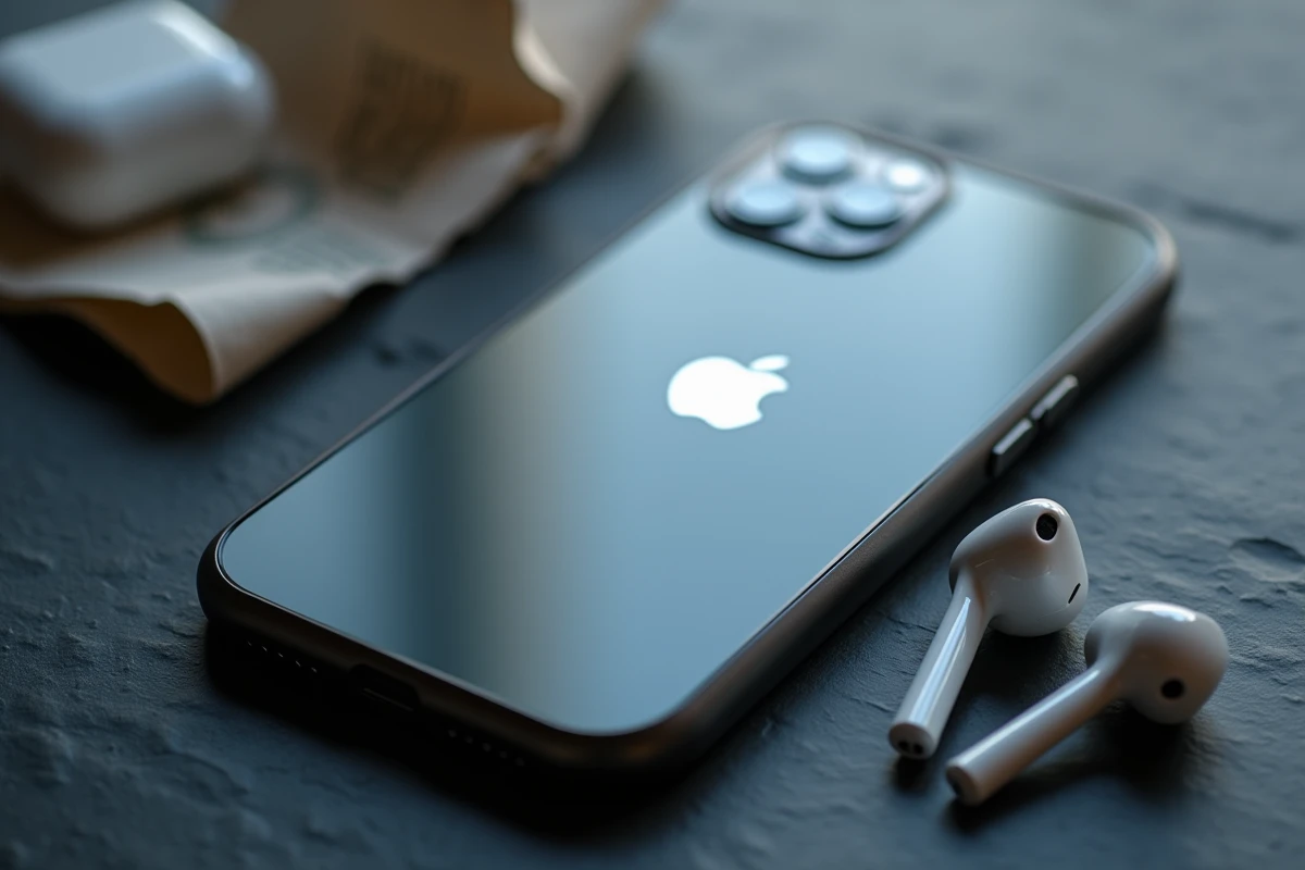 Gros plan de l'iPhone 15 posé sur une surface en ardoise avec ses accessoires lors d'un test produit