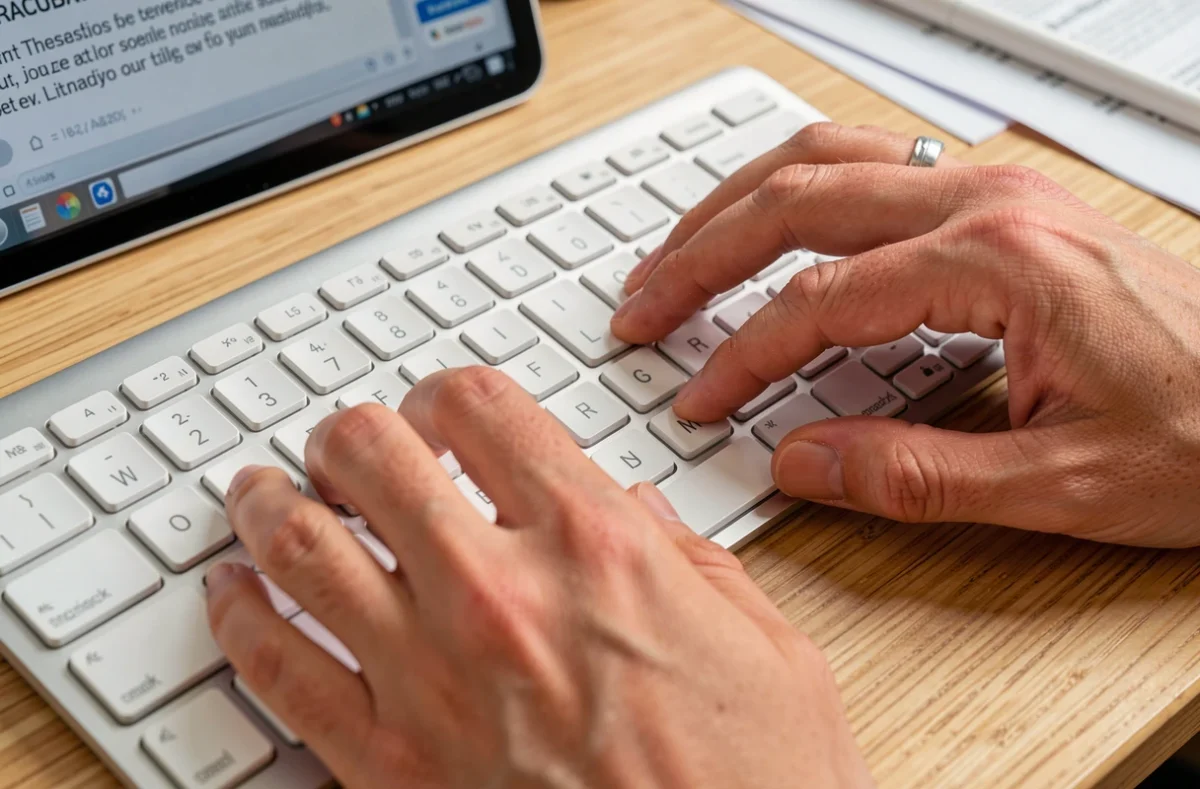 Gros plan des mains appuyant sur un raccourci clavier pour mettre du texte en majuscule sur Word