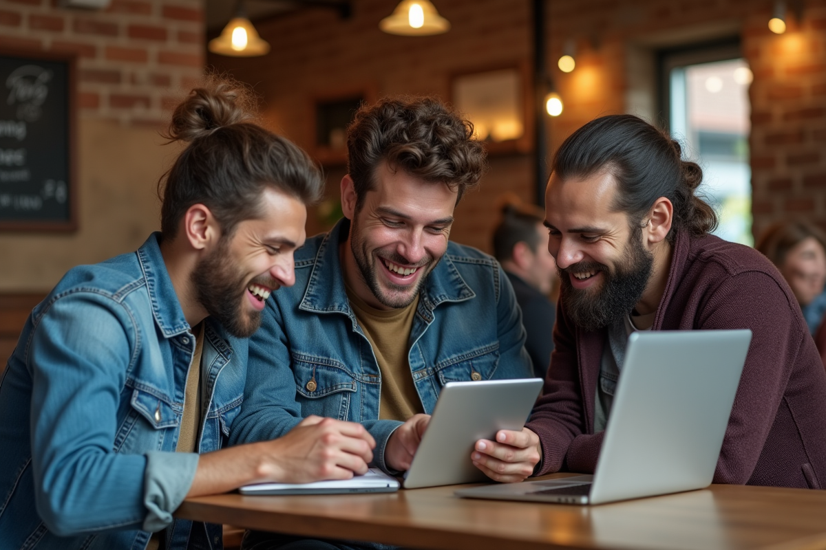 Groupe divers discutant autour d une tablette en café