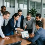 Groupe de professionnels IT collaborant autour d'un tableau numérique