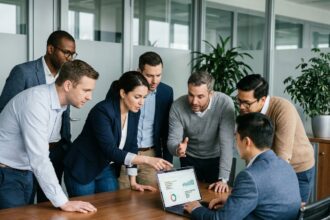 Groupe de professionnels IT collaborant autour d'un tableau numérique