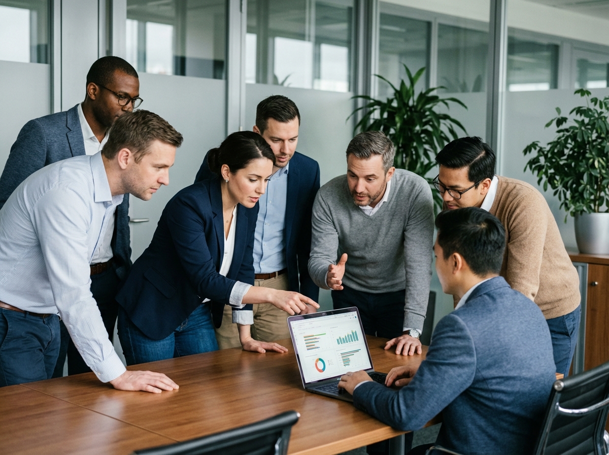 Groupe de professionnels IT collaborant autour d'un tableau numérique