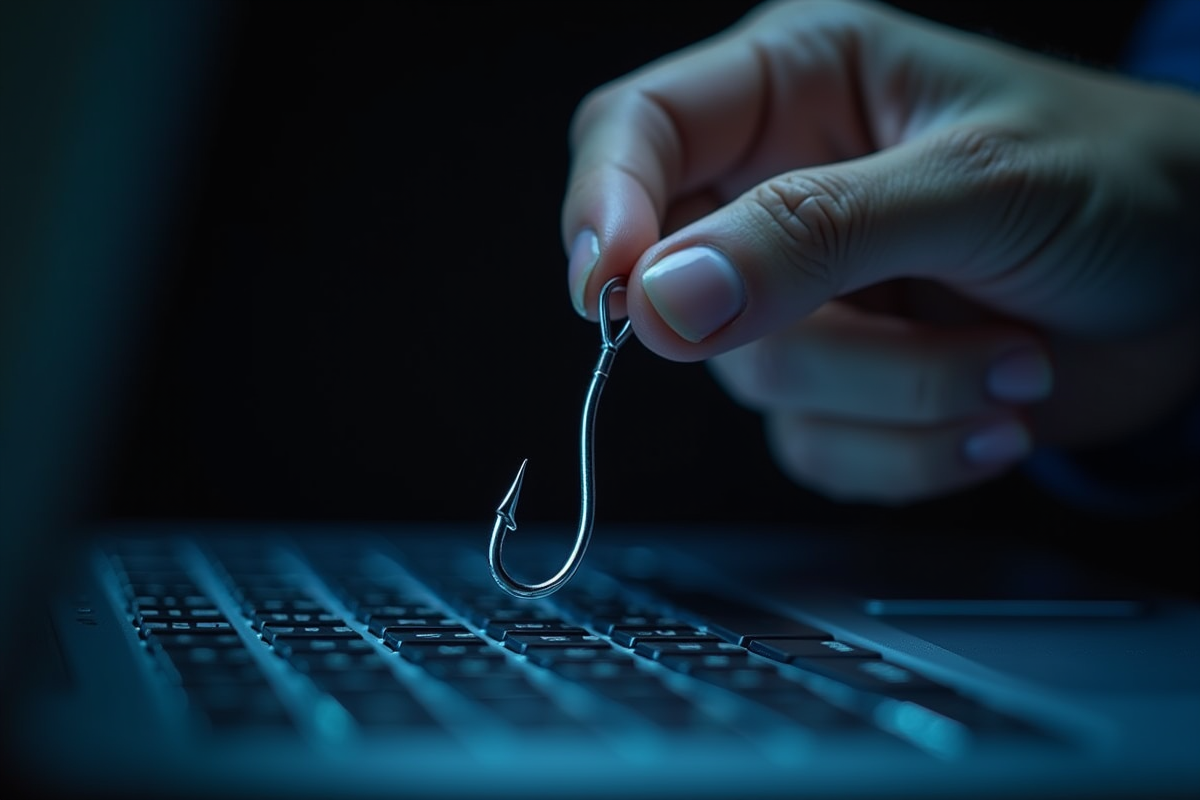 Main tenant un hamecon au-dessus d’un clavier d’ordinateur