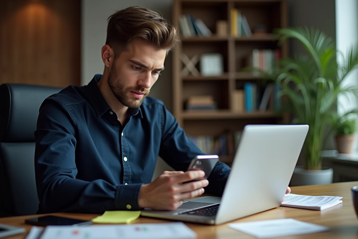 Homme analysant des fiches comparatives de smartphones sur un bureau à domicile