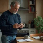 Homme d'âge moyen examinant un téléphone classique dans la cuisine