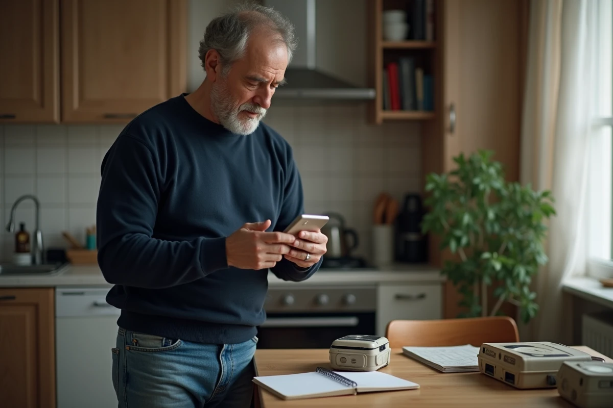 Homme d'âge moyen examinant un téléphone classique dans la cuisine