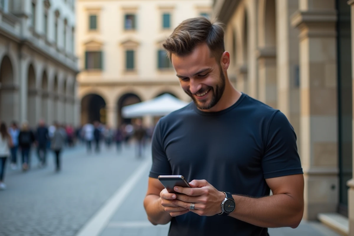 Homme utilisant une application de traduction sur mobile en plein air dans une ville européenne