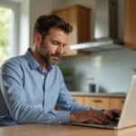 Homme d'âge moyen travaillant sur son ordinateur dans une cuisine moderne