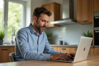 Homme d'âge moyen travaillant sur son ordinateur dans une cuisine moderne