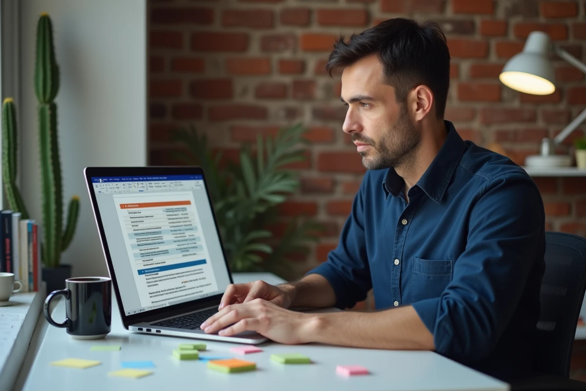 Homme travaillant depuis son bureau à domicile sur un tableau stylisé dans Word avec mise en forme moderne