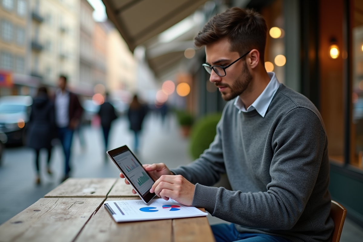 Homme analysant des graphiques sur une tablette en extérieur