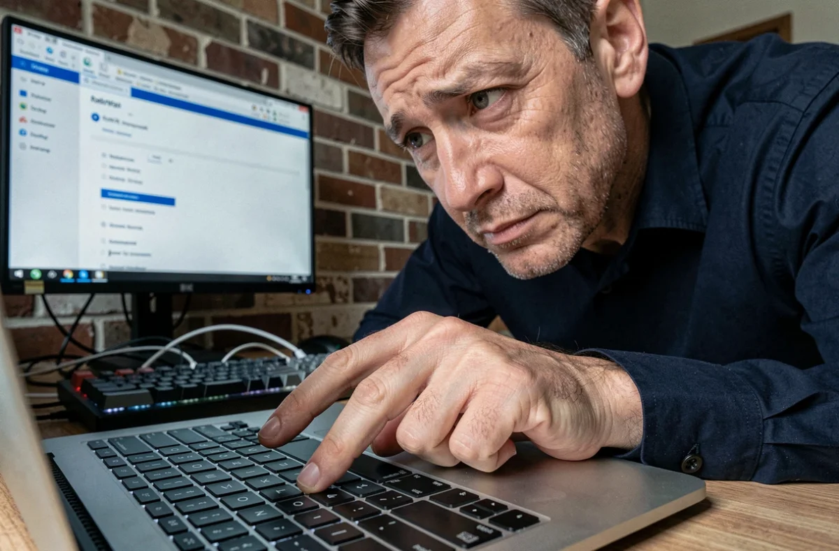 Homme examinant de près le clavier d'un MacBook Air pour résoudre un problème de point d'exclamation
