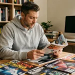Un homme compare plusieurs magazines informatiques dont PC Expert posés sur un bureau en bois dans un bureau à domicile