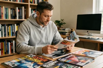 Un homme compare plusieurs magazines informatiques dont PC Expert posés sur un bureau en bois dans un bureau à domicile