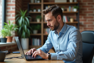 Homme en chemise décontractée réglant un routeur internet dans un intérieur moderne