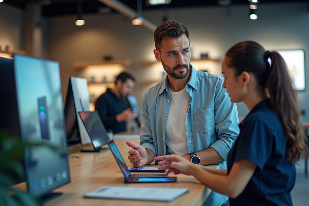 Homme en magasin de téléphonie parlant avec un conseiller