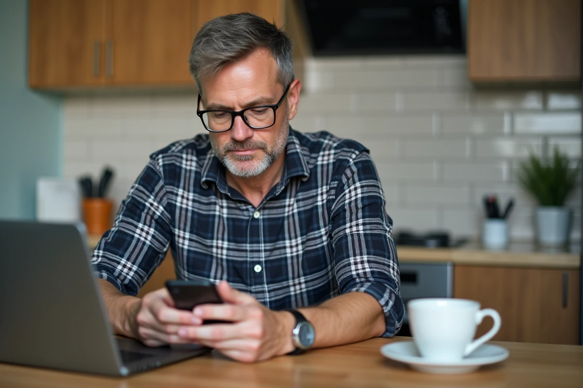Homme vérifiant une notification de sécurité dans la cuisine