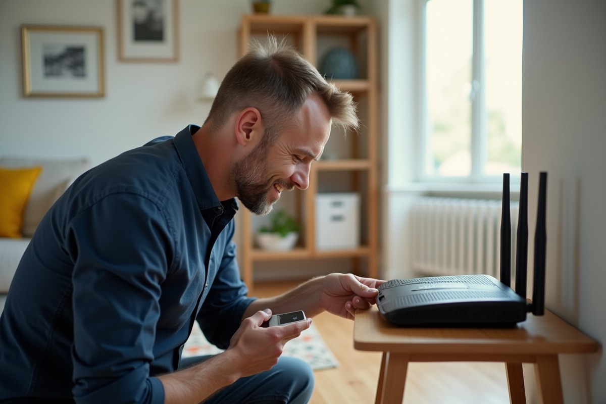 Homme débranchant un appareil WiFi dans le salon