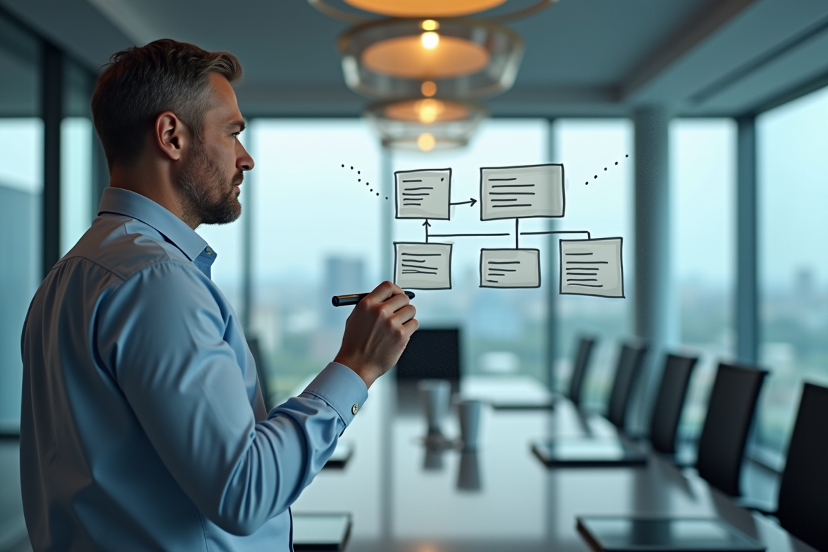 Homme dessinant une hierarchie de site web en réunion