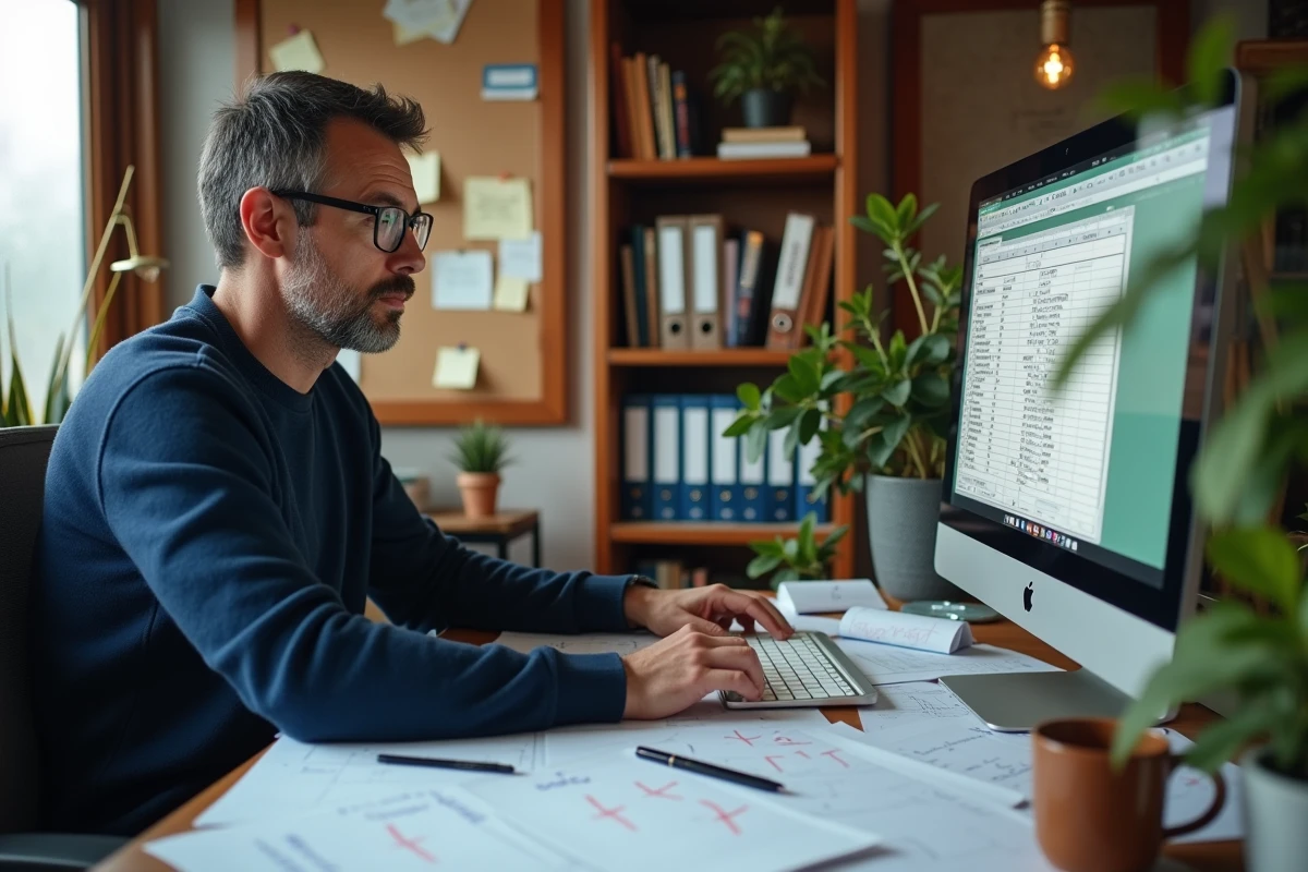 Homme avec lunettes corrigeant des erreurs de calcul d'âge dans Excel sur un ordinateur de bureau à domicile entouré de feuilles imprimées