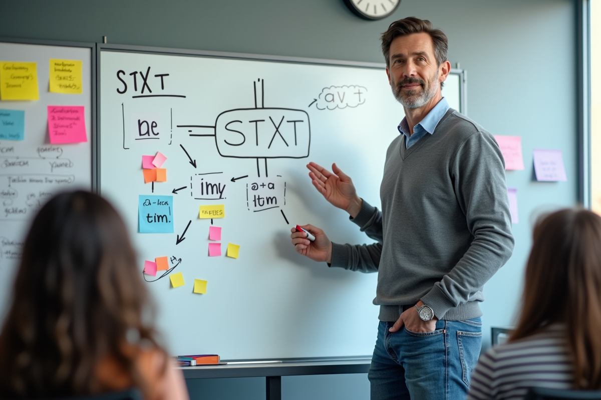 Homme en sweater expliquant un diagramme sur un tableau blanc en classe