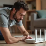 Homme consultant l'étiquette au dos d'une box internet pour trouver la clé de sécurité réseau