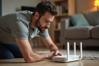 Homme consultant l'étiquette au dos d'une box internet pour trouver la clé de sécurité réseau