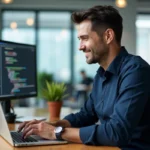 Homme professionnel informatique travaillant sur son ordinateur dans un bureau moderne