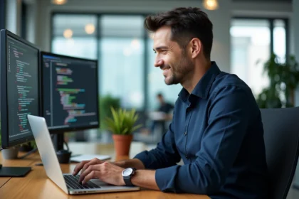 Homme professionnel informatique travaillant sur son ordinateur dans un bureau moderne