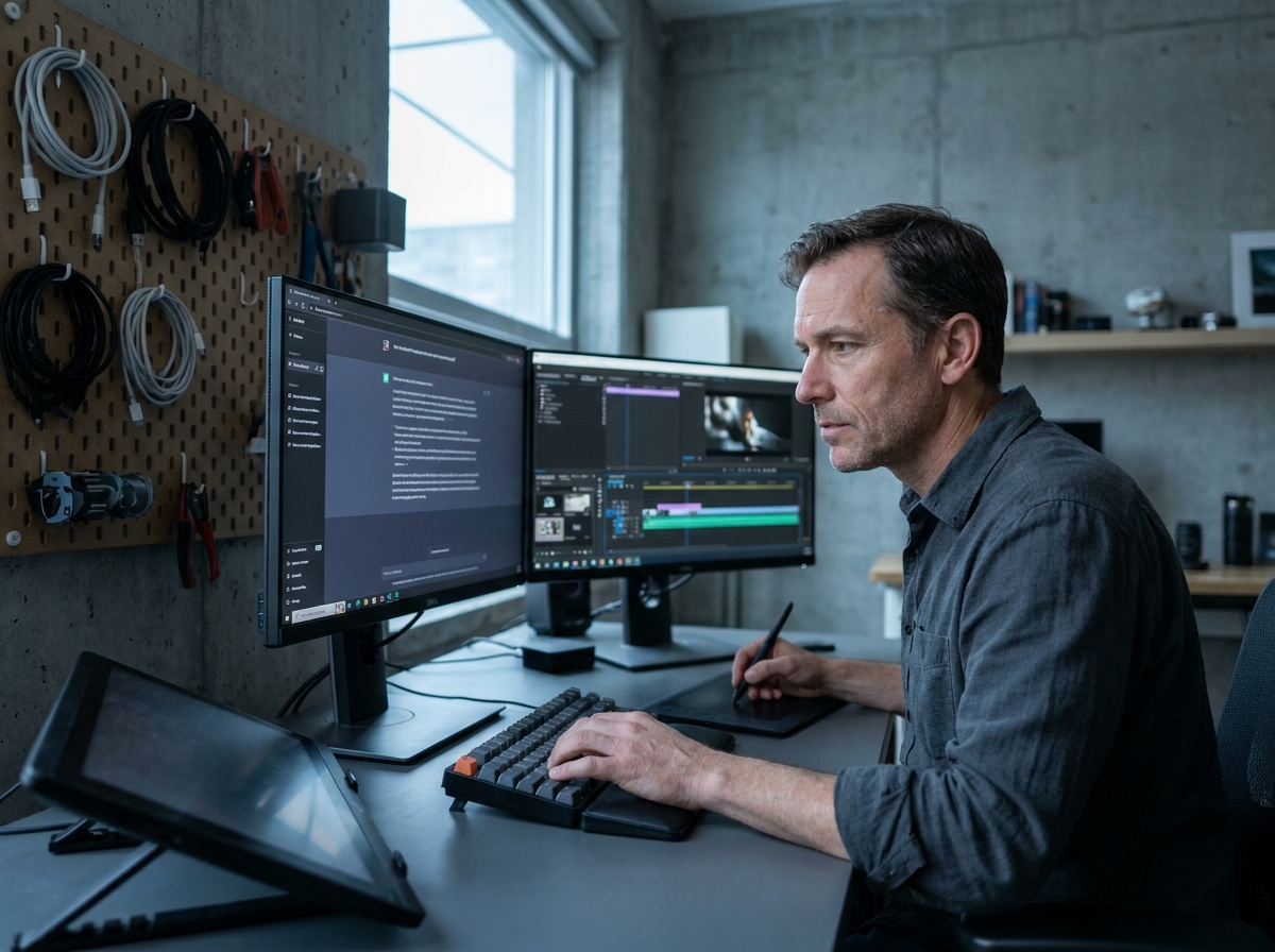 Homme travaillant sur une interface d'IA pour préparer un script et un storyboard vidéo sur un poste de travail double écran