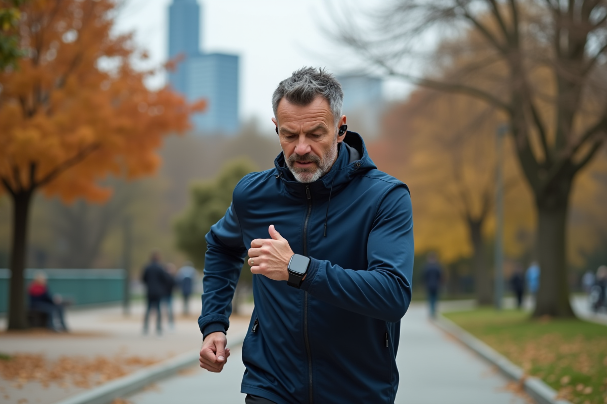 Homme courant dans un parc urbain utilisant une oreillette