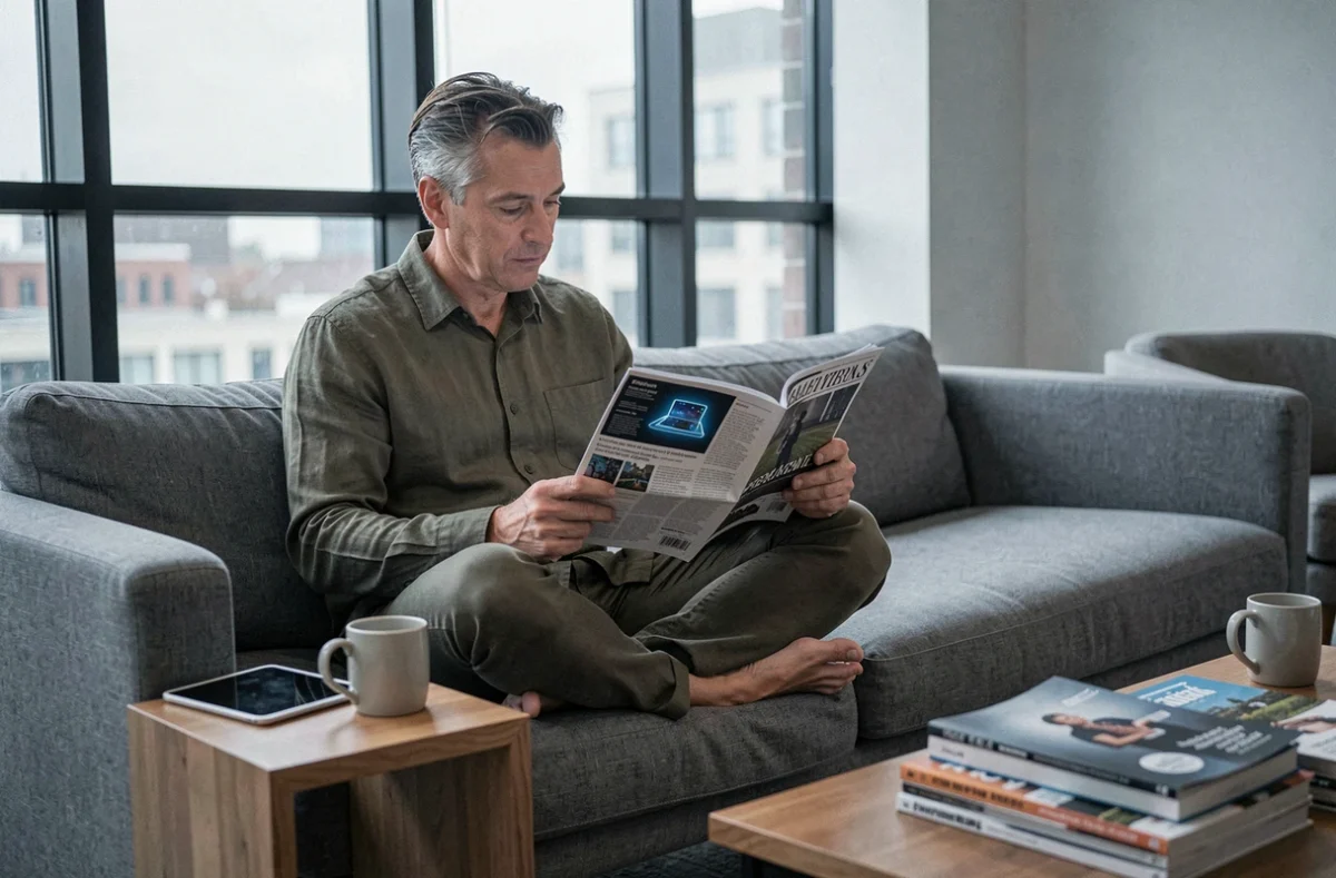 Un homme lit tranquillement un magazine de micro-informatique sur un canapé moderne avec d'autres revues empilées sur la table basse
