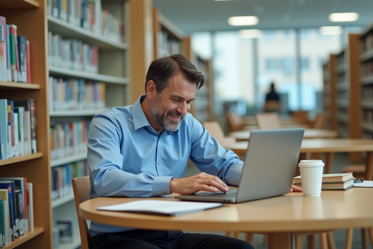 Homme lisant et téléchargeant un document à la bibliothèque