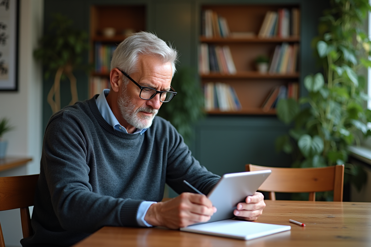 Homme à la maison comparant applications de stockage cloud