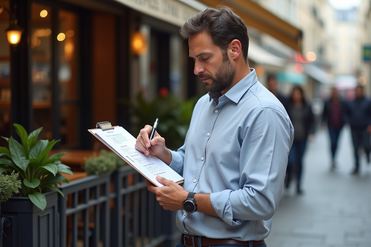 Homme français lisant un rapport SEO près d
