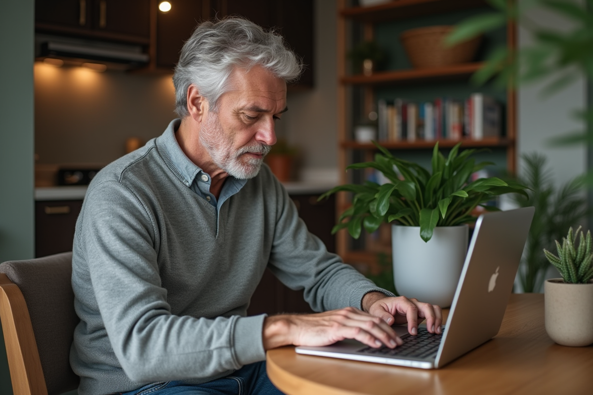 Homme concentré entrant un mot de passe sur son ordinateur portable