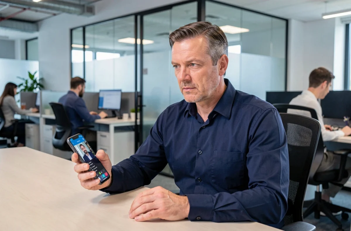 Homme en entreprise utilisant une application d'appel vidéo comme Skype sur smartphone