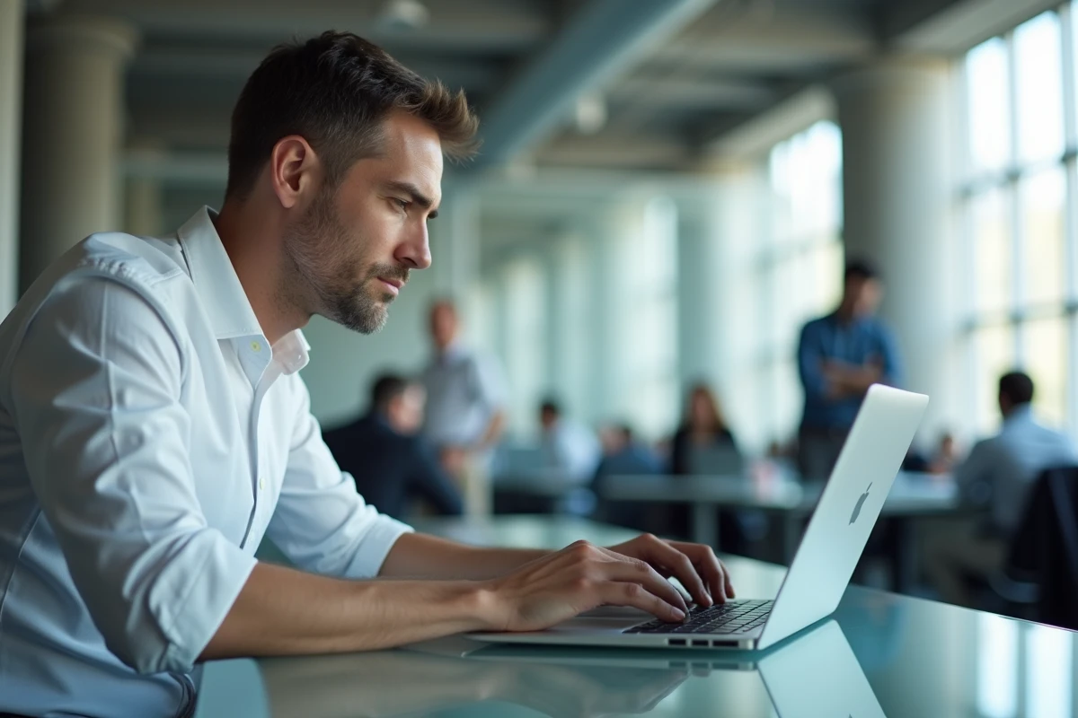 Homme effectuant une recherche avancée dans un webmail depuis un ordinateur portable dans un open space professionnel