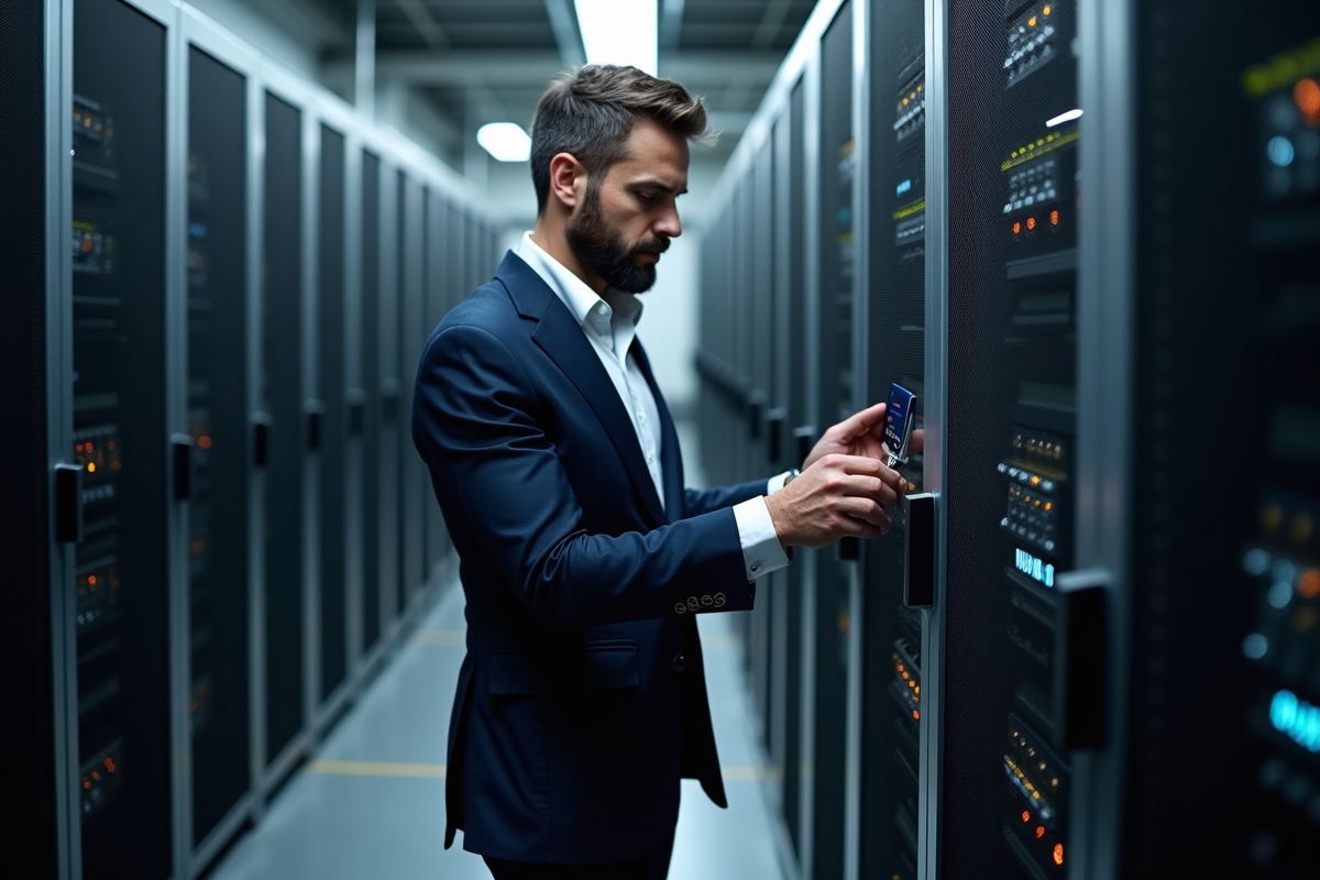 Homme d affaires vérifiant un badge dans un centre de données moderne