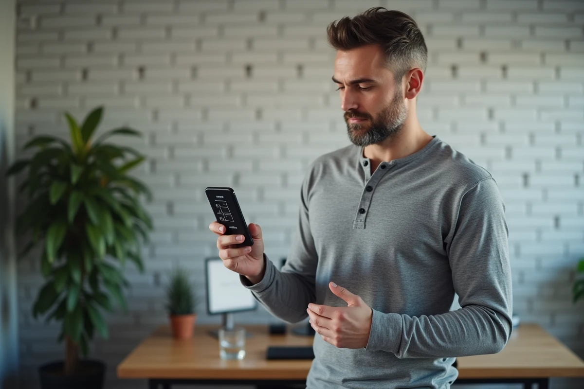 Homme consultant une conversion Go Mo sur smartphone dans un bureau à domicile lumineux