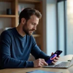 Homme tenant un smartphone Google Pixel 8 Pro avec interface IA affichée sur l'écran dans un bureau moderne