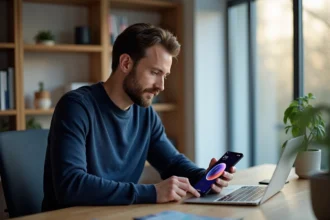 Homme tenant un smartphone Google Pixel 8 Pro avec interface IA affichée sur l'écran dans un bureau moderne