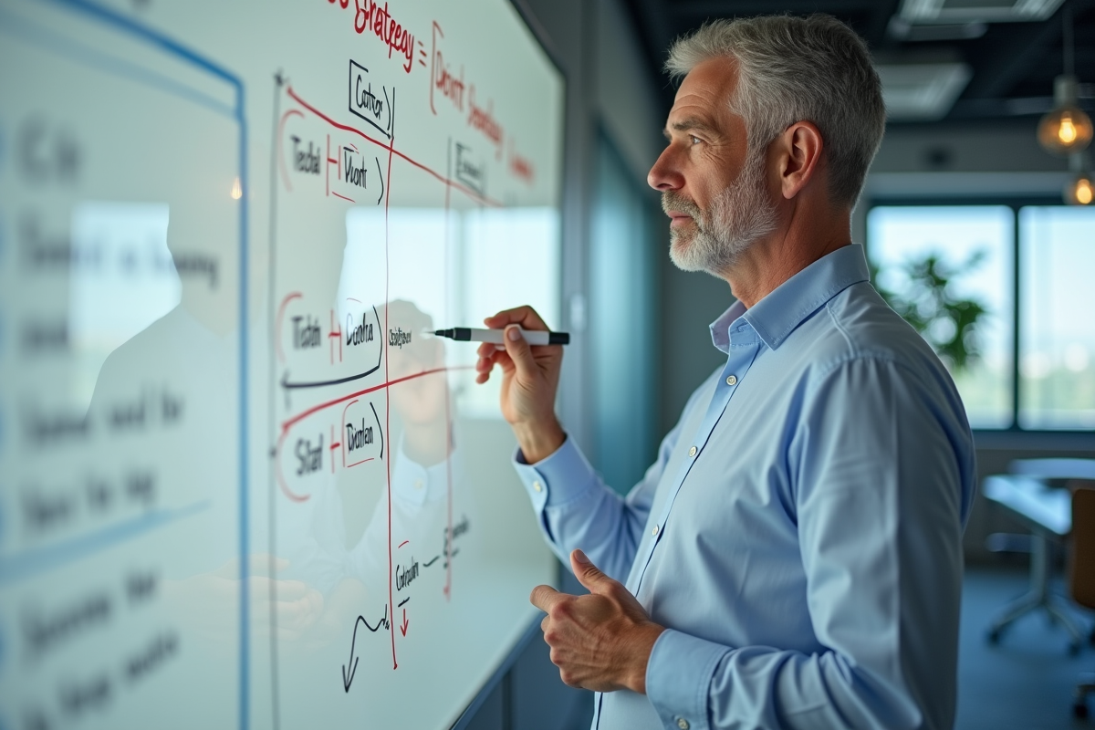 Homme en réflexion devant un tableau blanc avec stratégies SEO